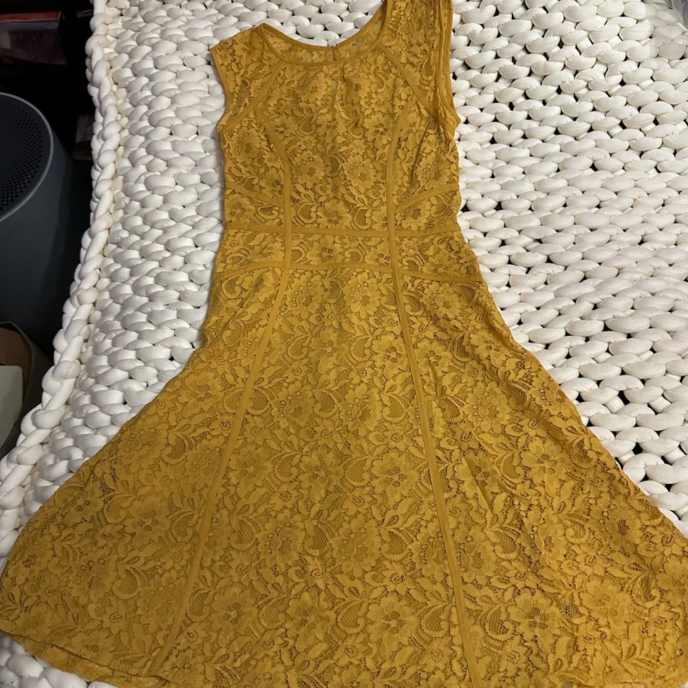 BCBGMaxAzria Mustard Yellow Lace Fit-and-Flare Midi Dress